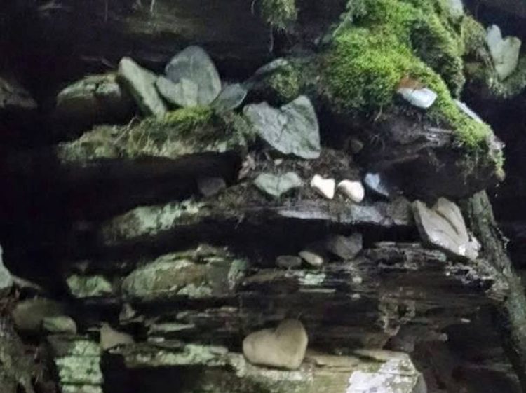 Image of cliff wall in nature, decorated with heart-shaped rocks